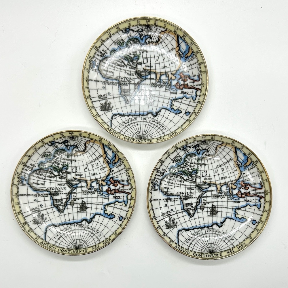 3 Vintage Antico Continente Nel 1683 Mini Map of World 4" Plates Coasters Dish